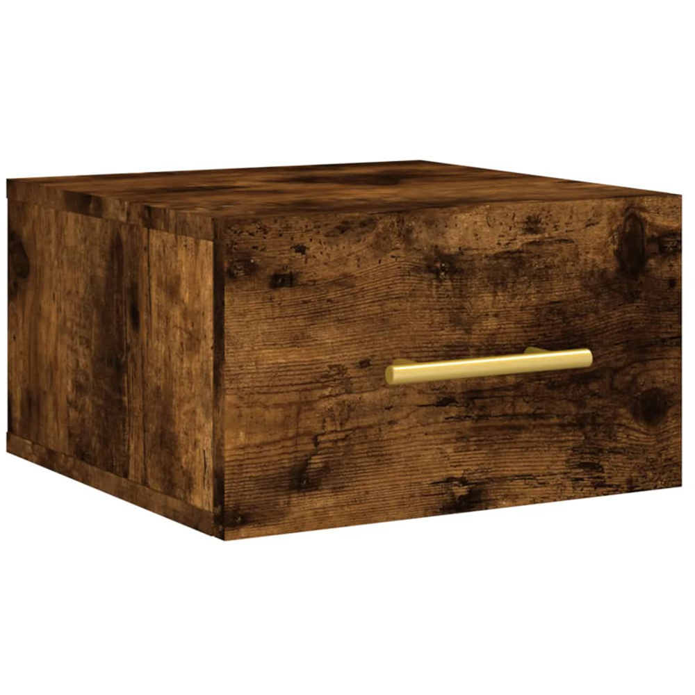 vidaXL Single Drawer Smoked Oak Wall Mounted Bedside Cabinet with Gold Handle Image 2