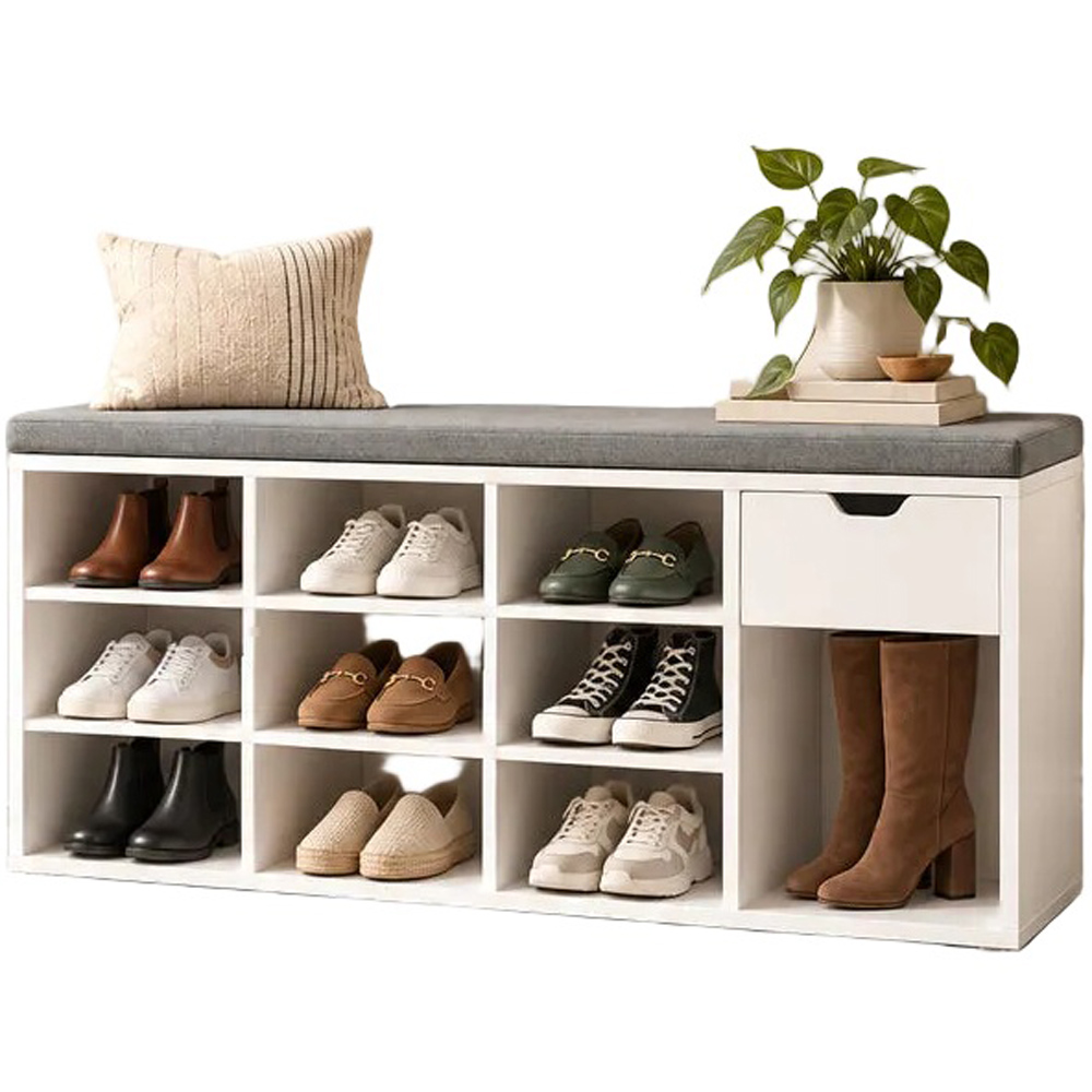Modcraft Single Drawer 10 Shelf White and Grey Shoe Storage Bench with Cushion Image 3