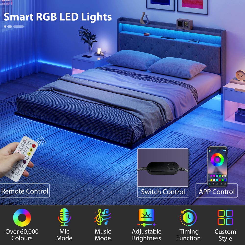 Portland King Size Grey Upholstered Floating Bed Frame with RGB LED Lights Image 5