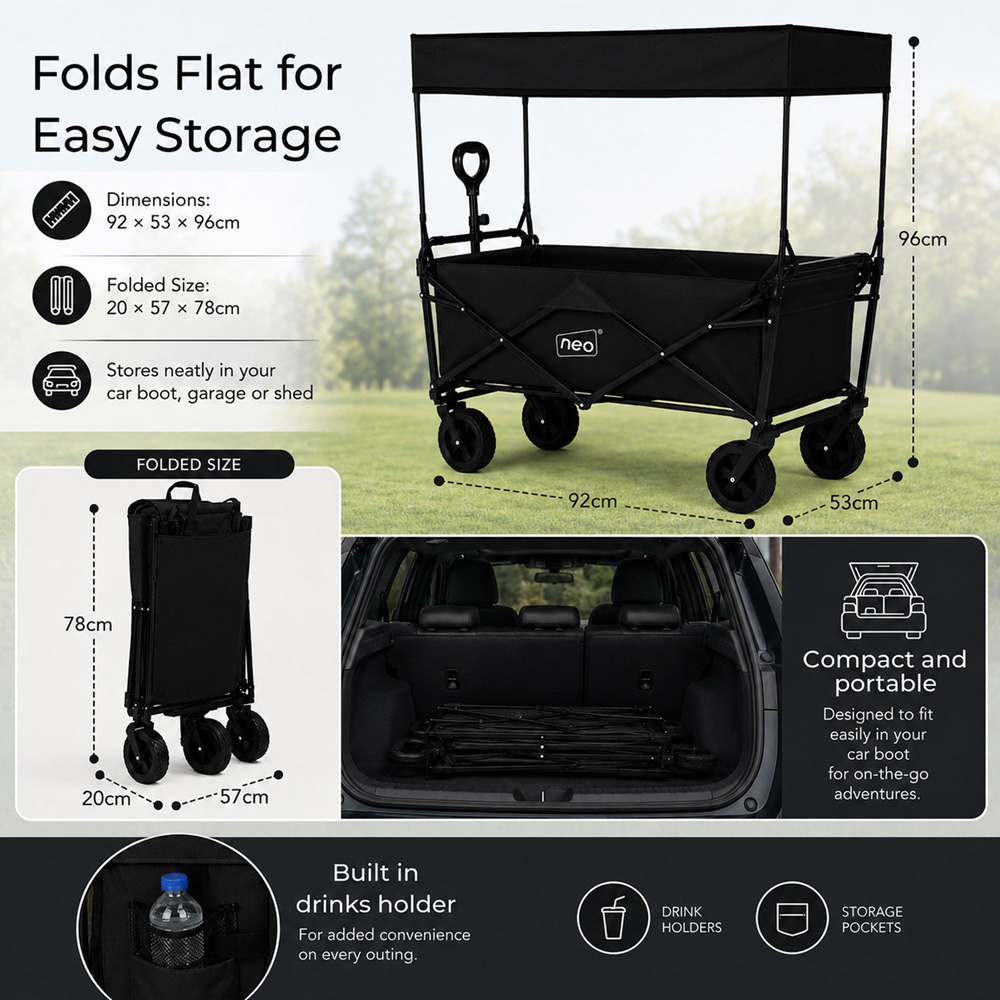 Neo Direct 140L Black Heavy Duty Folding Garden Trolley Cart with Canopy Image 9