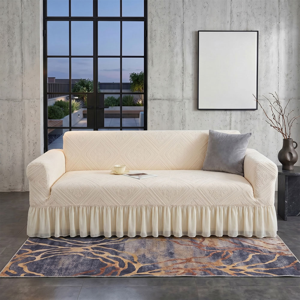 Living and Home 4 Seater Beige Damask 3D Embossed Plush Sofa Cover Image 7