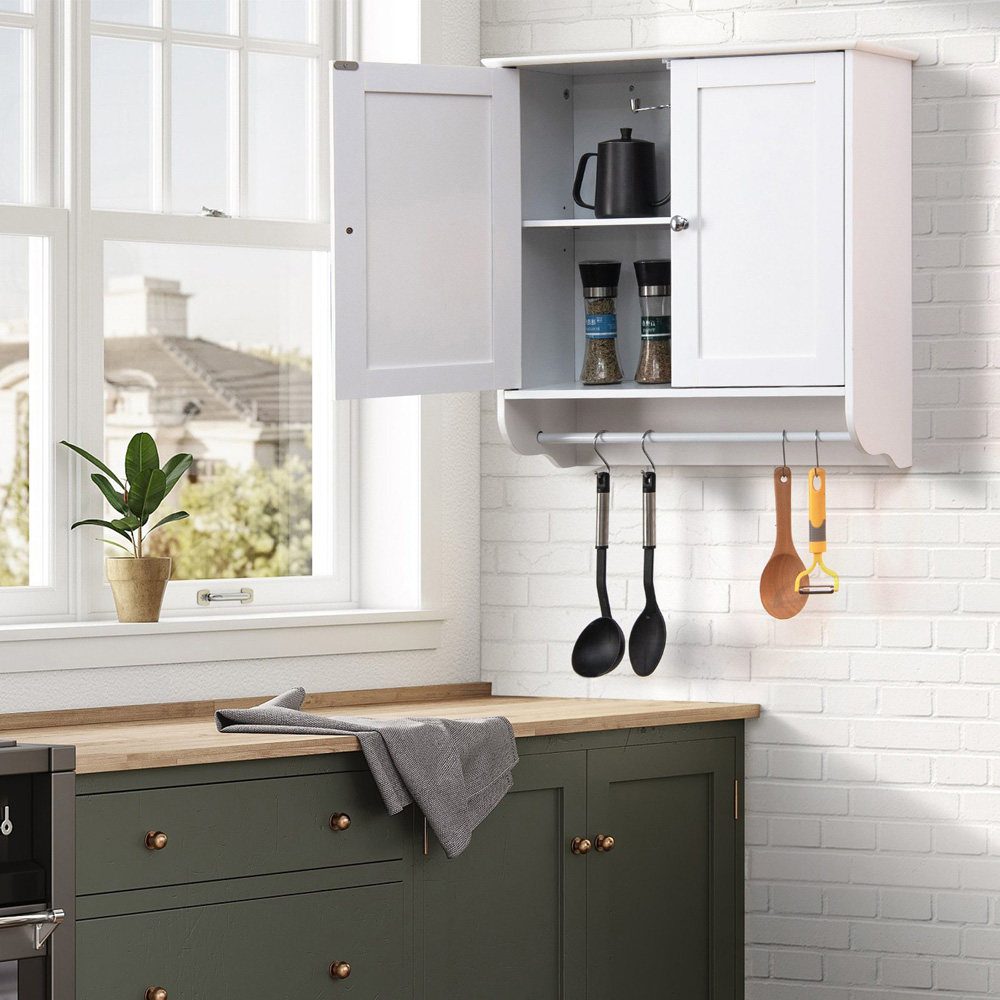 Costway 2 Door White Wall Mounted Bathroom Cabinet with Hanging Bar Image 3
