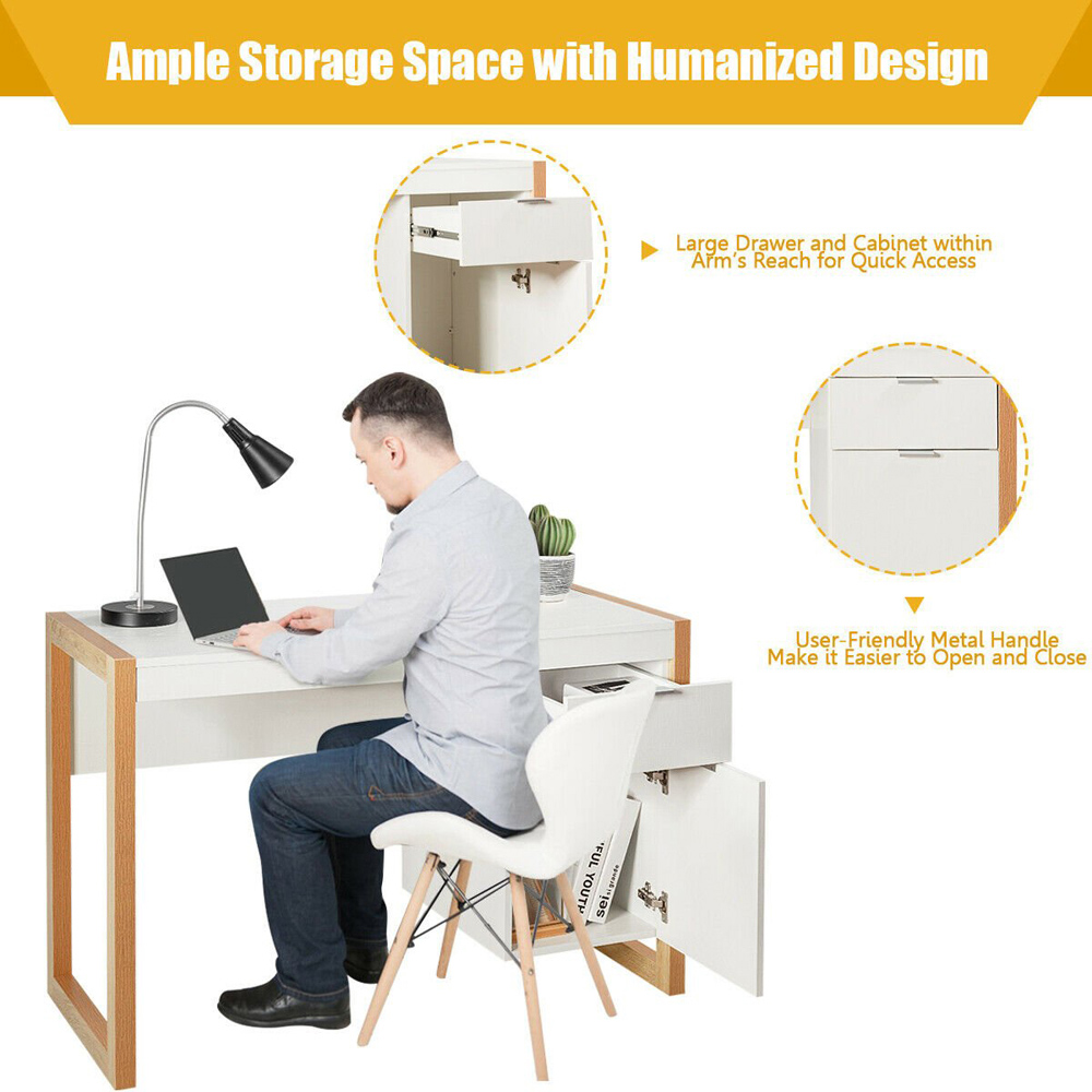 Costway Wooden Computer Desk with Drawer and Cabinet Image 6
