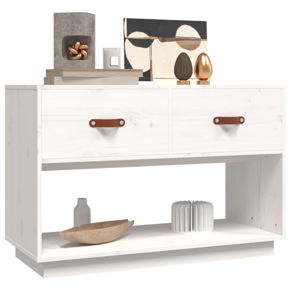 vidaXL 2 Drawer Single Shelf White Solid Pine Wood TV Cabinet Image 4