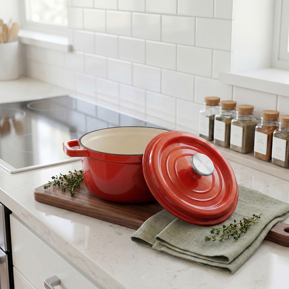 Living and Home 2L Red Enamelled Cast Iron Dutch Oven Image 7