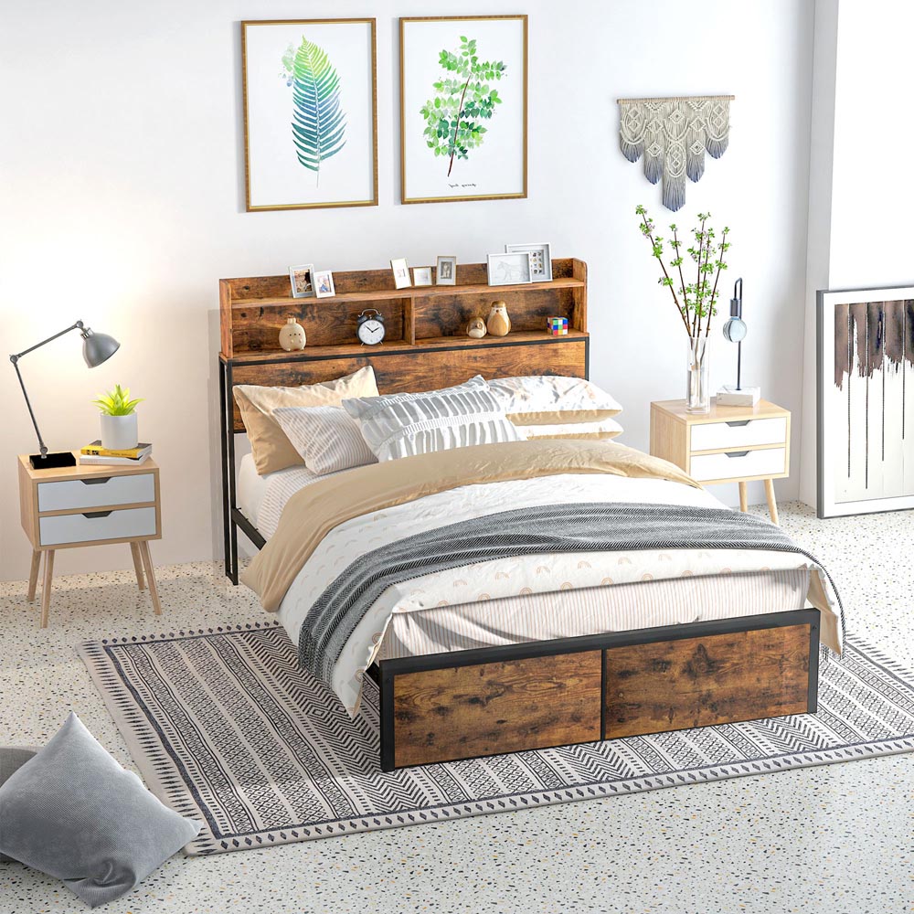 Portland Double Rustic Brown Industrial Style Steel Bed Frame with Headboard and Footboard Wilko