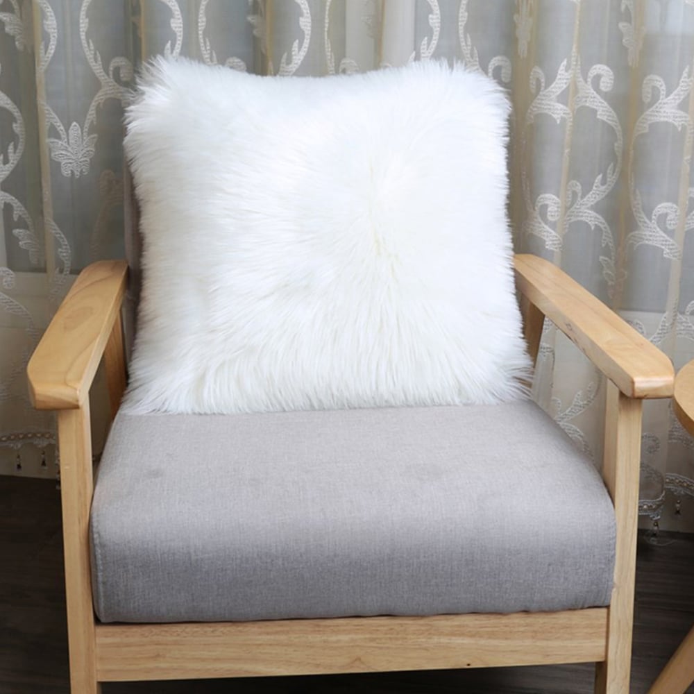 Living and Home White Fluffy Faux Fur Cushion Cover Image 3
