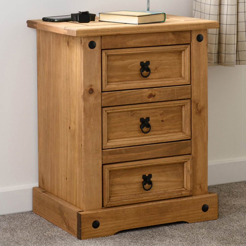 Seconique Corona 3 Drawer Waxed Pine Bedside Table Image 1