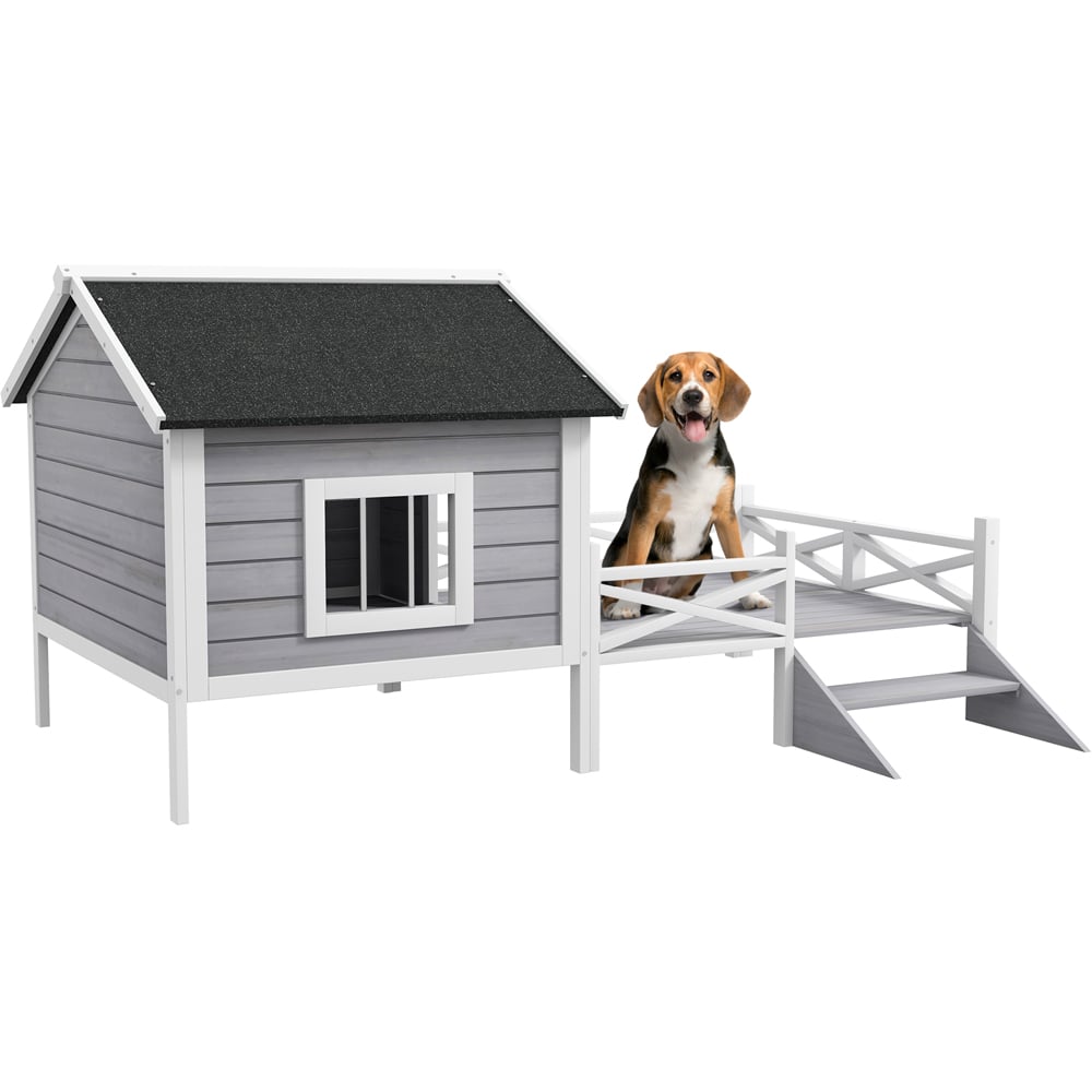 PawHut Wooden Grey Dog House with Porch Image 3