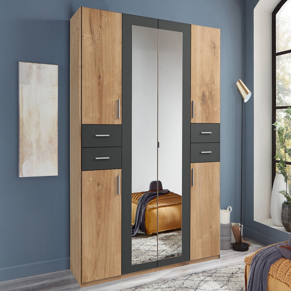 TJ'S New York 6 Door 4 Drawer Oak Grey Wardrobe with Mirror Image 1