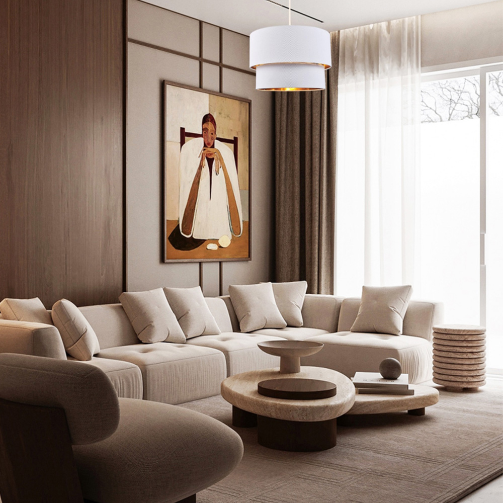 Happy Homewares Bright White Cotton Double Tier Shiny Copper Inner Pendant Shade Image 2
