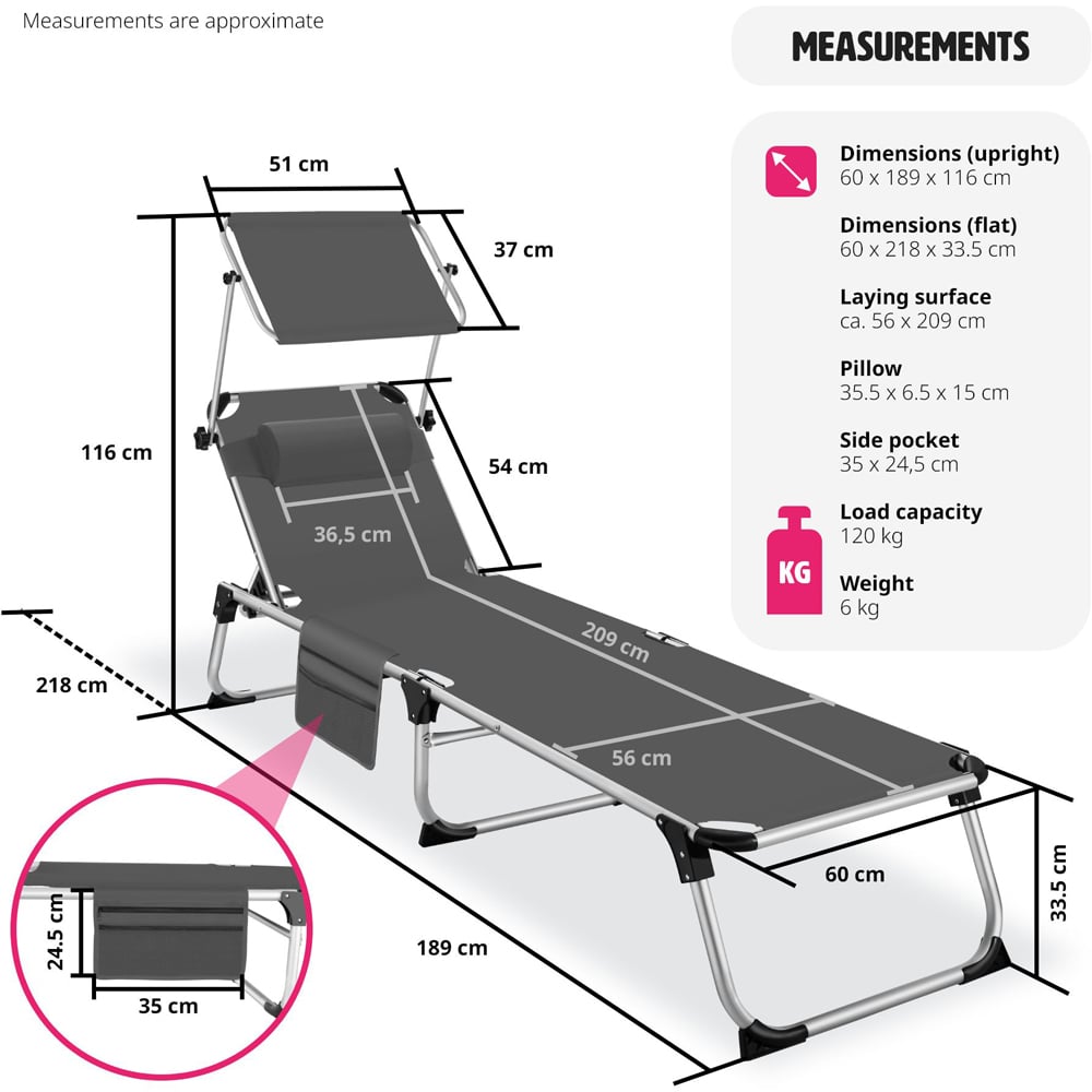 tectake Aurelie Grey 6 Position Backrest Foldable Sun Lounger with Headrest Image 9