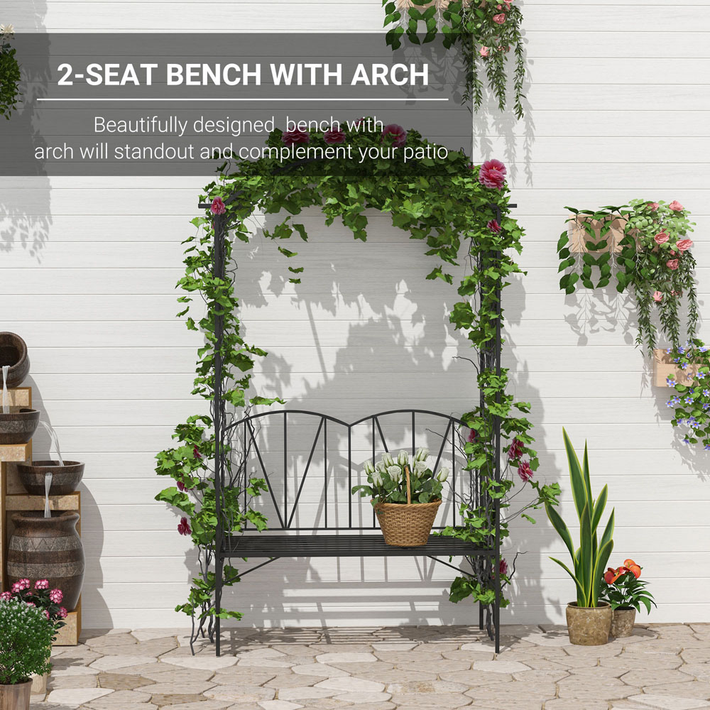 Outsunny 2 Seater Black Metal Garden Loveseat Bench with Arch Image 8