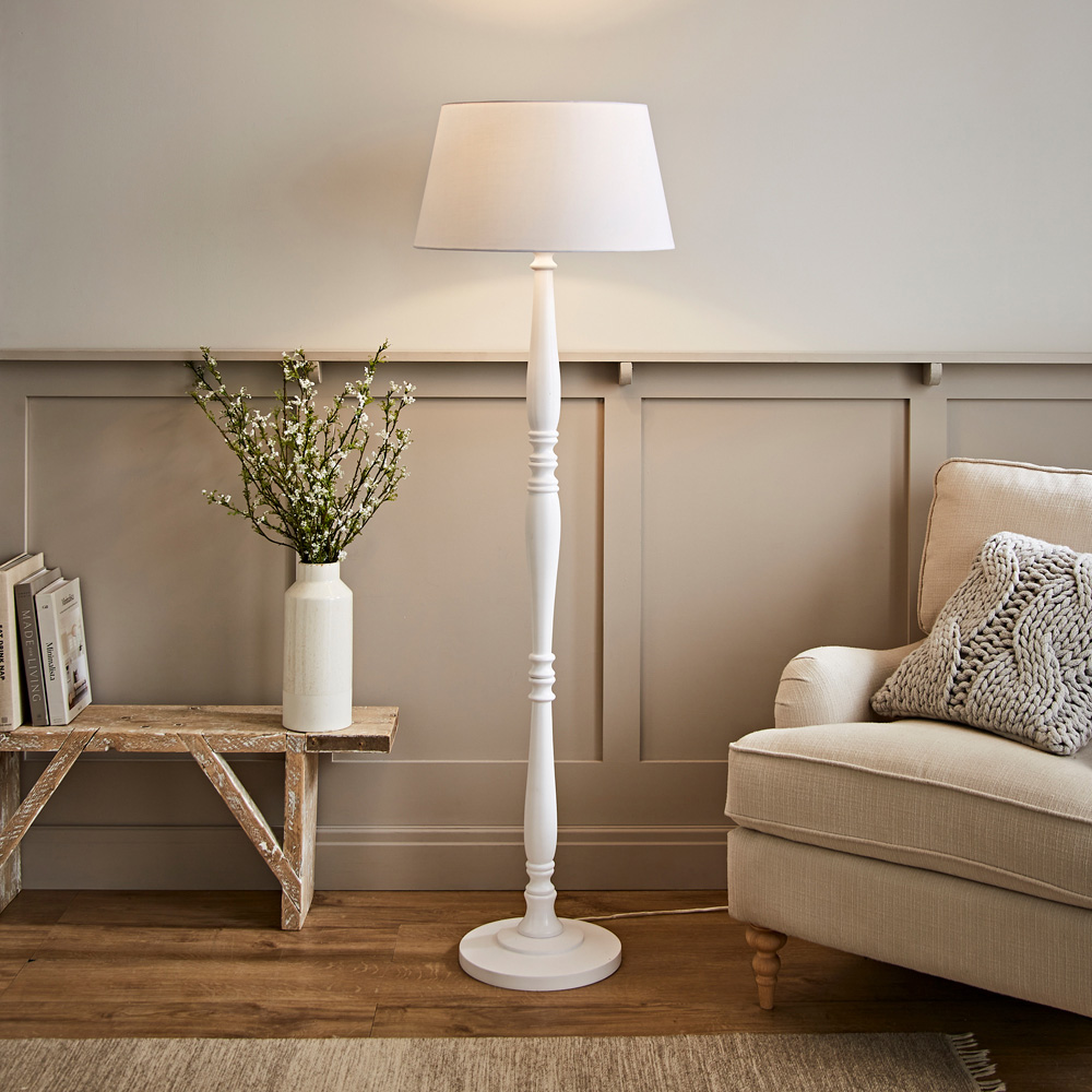 ValueLights Victoria White Fabric Tapered Shade Light Wood Traditional Stem LED Floor Lamp Image 7