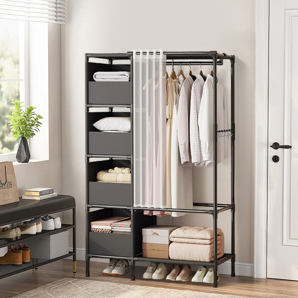 H&O Direct 4 Shelf Black Portable Metal Wardrobe with Hanging Rail and Curtain Image 2