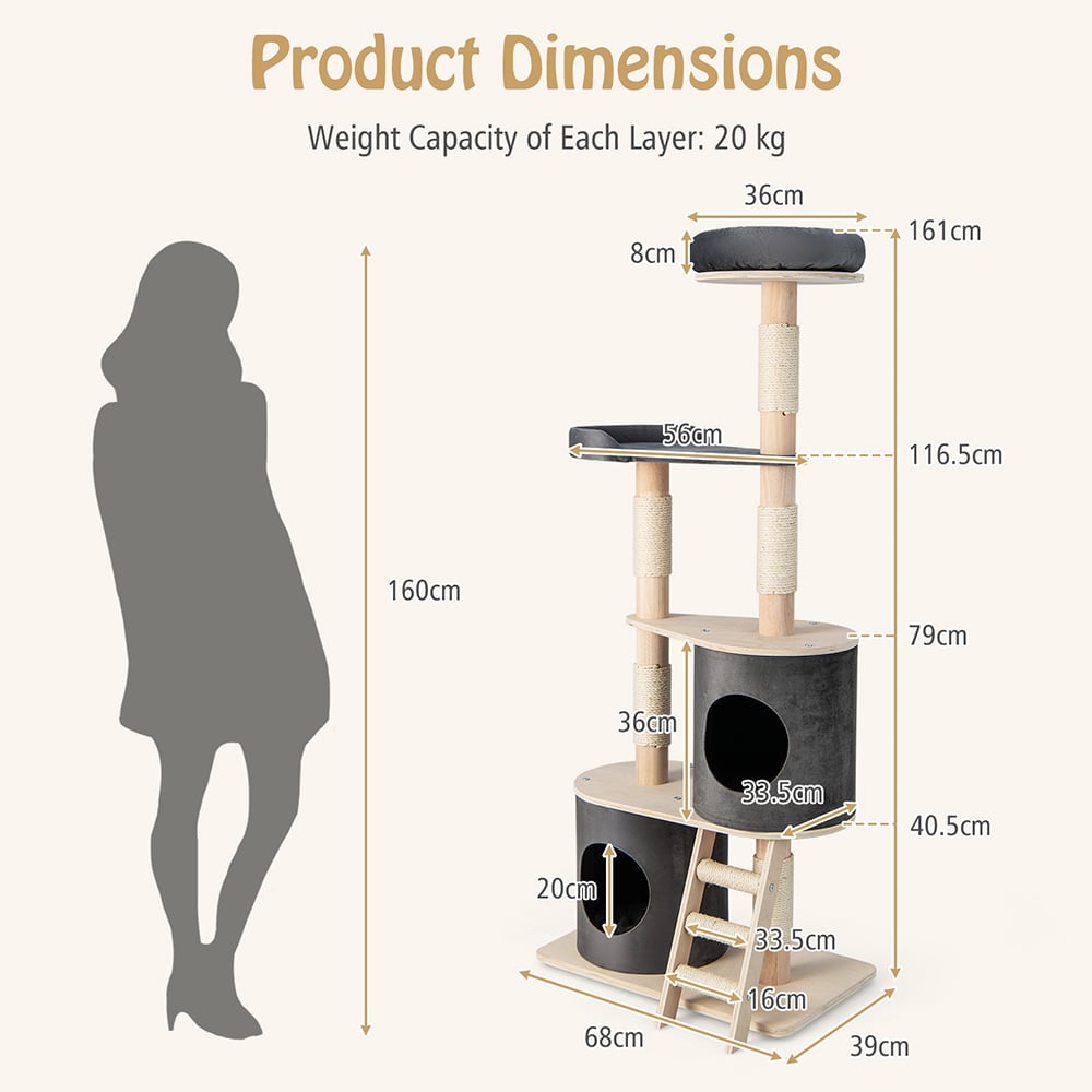 Costway Grey Cat Tree Tower with Cat Condo Image 9