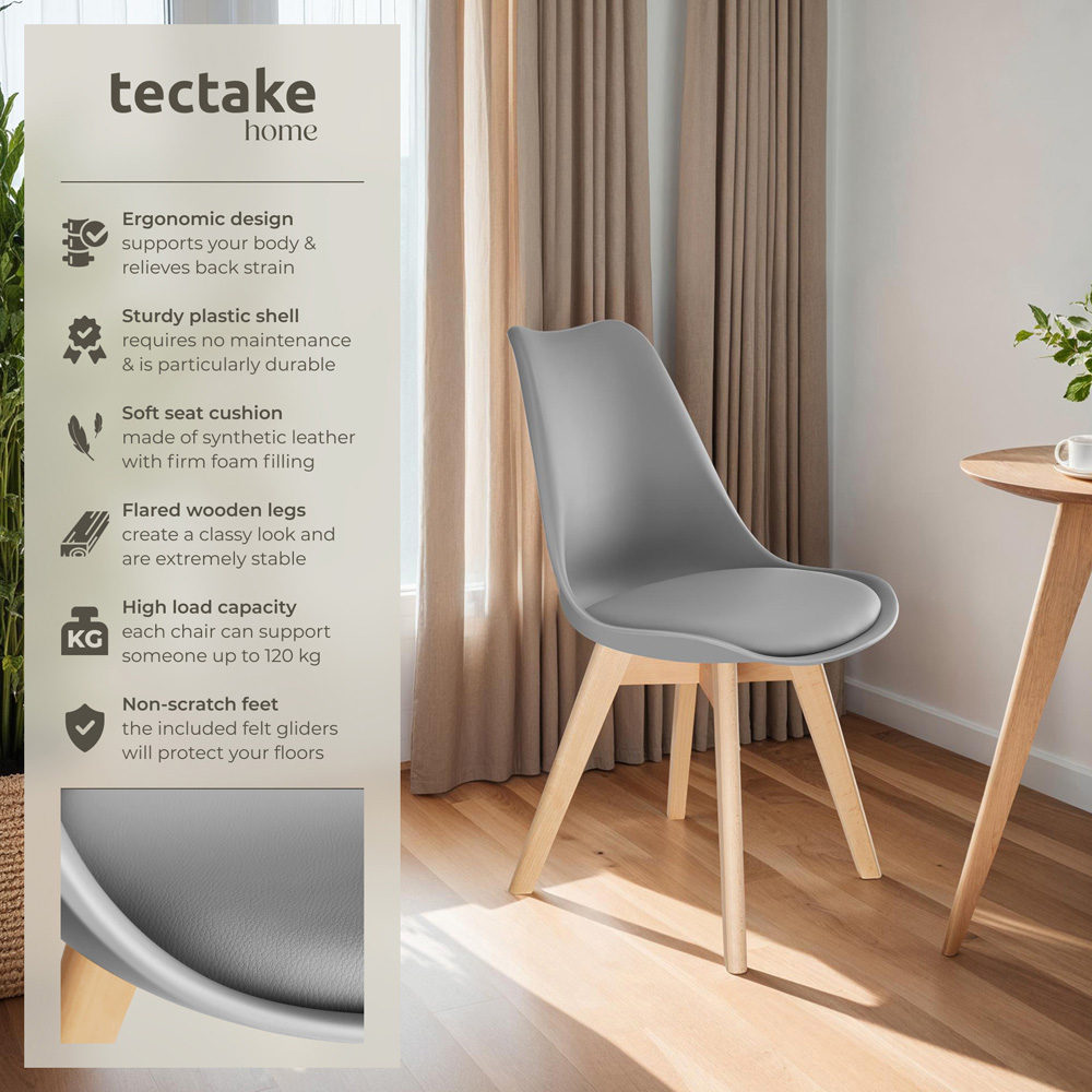 tectake Frederikke Set of 2 Grey Dining Chair with Padded Seat Image 6