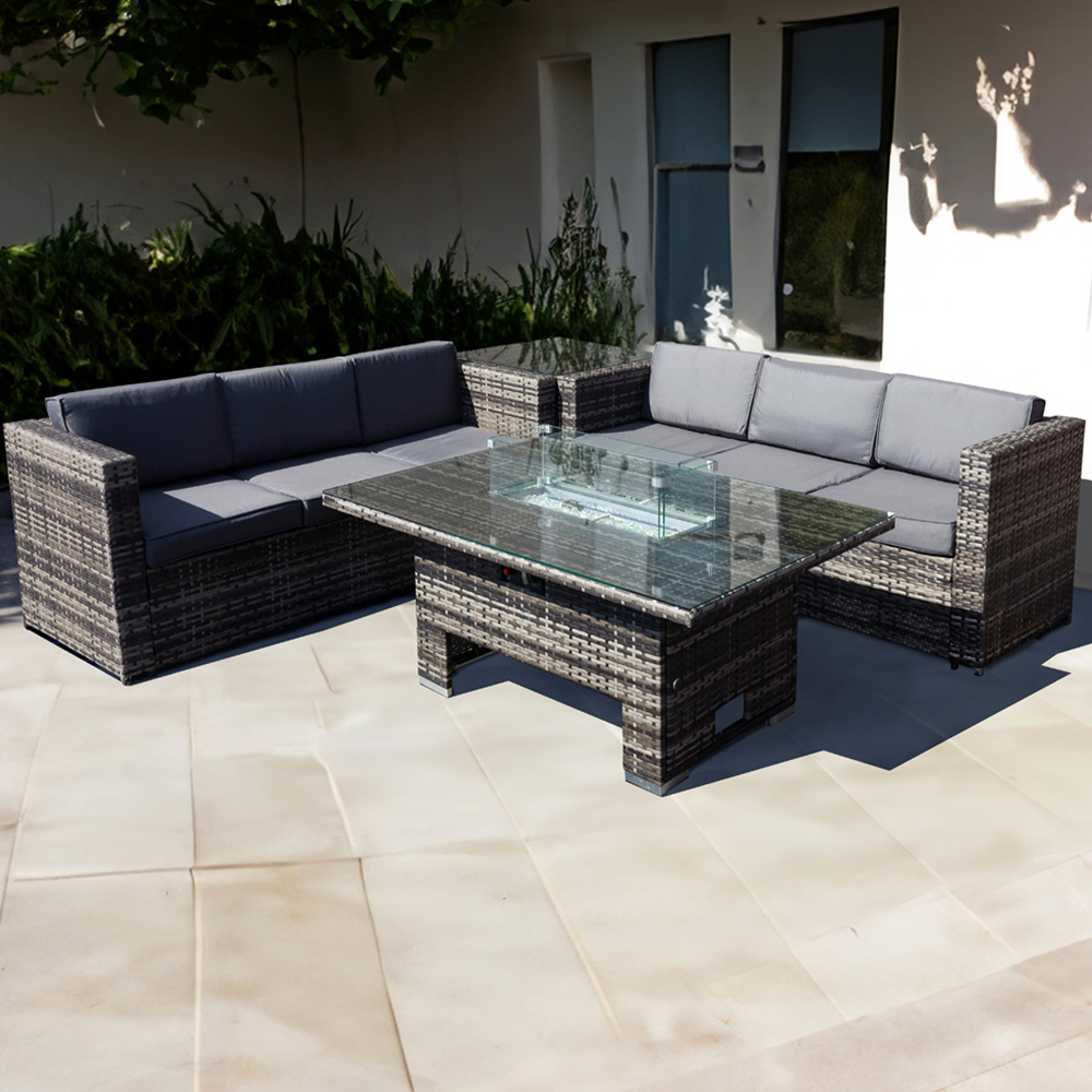 Oseasons Malta 6 Seater Grey Walnut Rattan Rising Firepit Corner Sofa Set Image 1
