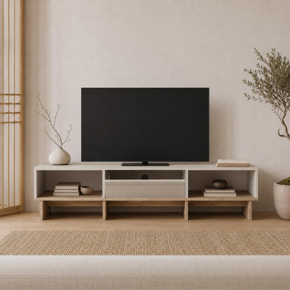 Decortie Yuki Single Flip Down Door 2 Open Shelf Sandstone TV Unit Image 4