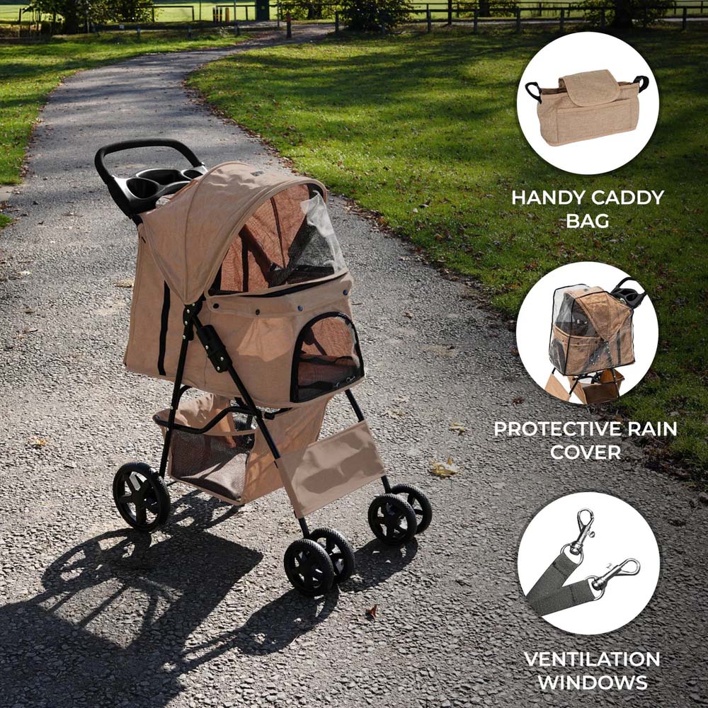 Monstershop Woven Beige Pet Stroller with Rain Cover and Caddy Bag Image 5
