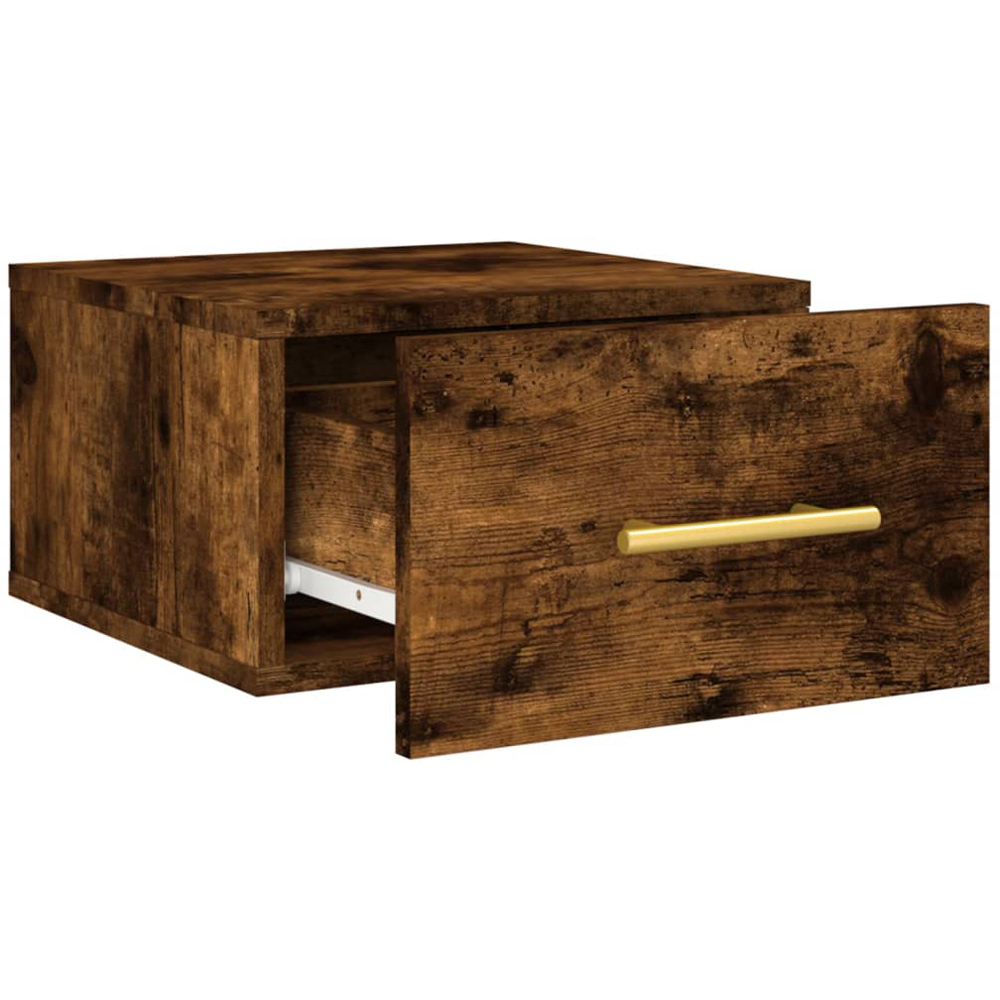 vidaXL Single Drawer Smoked Oak Wall Mounted Bedside Cabinet with Gold Handle Image 5