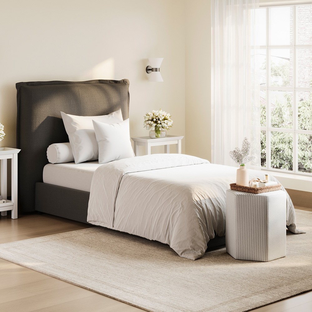 LPD Home Sunday Deep Grey Single Linen Blend Fabric Bed with Pillow-Style Headboard Image 1