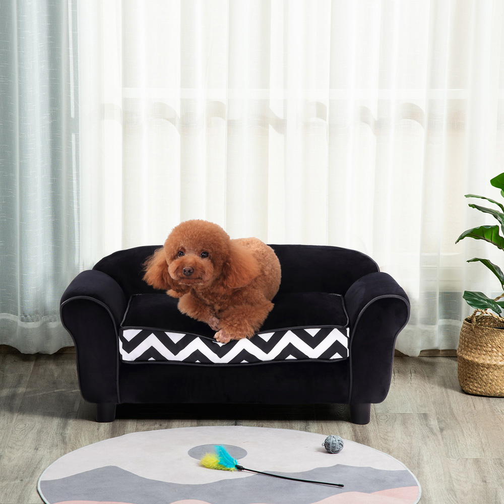 PawHut Black Large Plush Faux Fur Pet Sofa with Removable Cushion Image 2