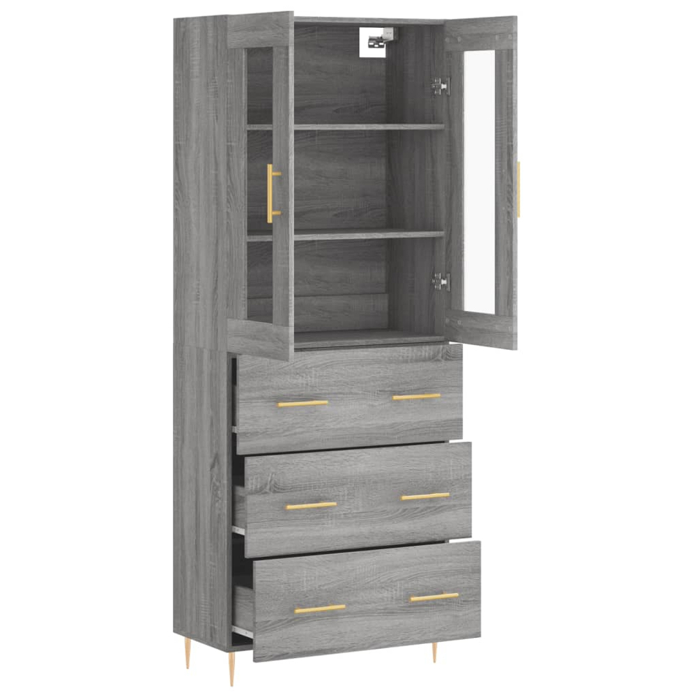 vidaXL 2 Glass Door 3 Drawer Concrete Grey Highboard Image 4
