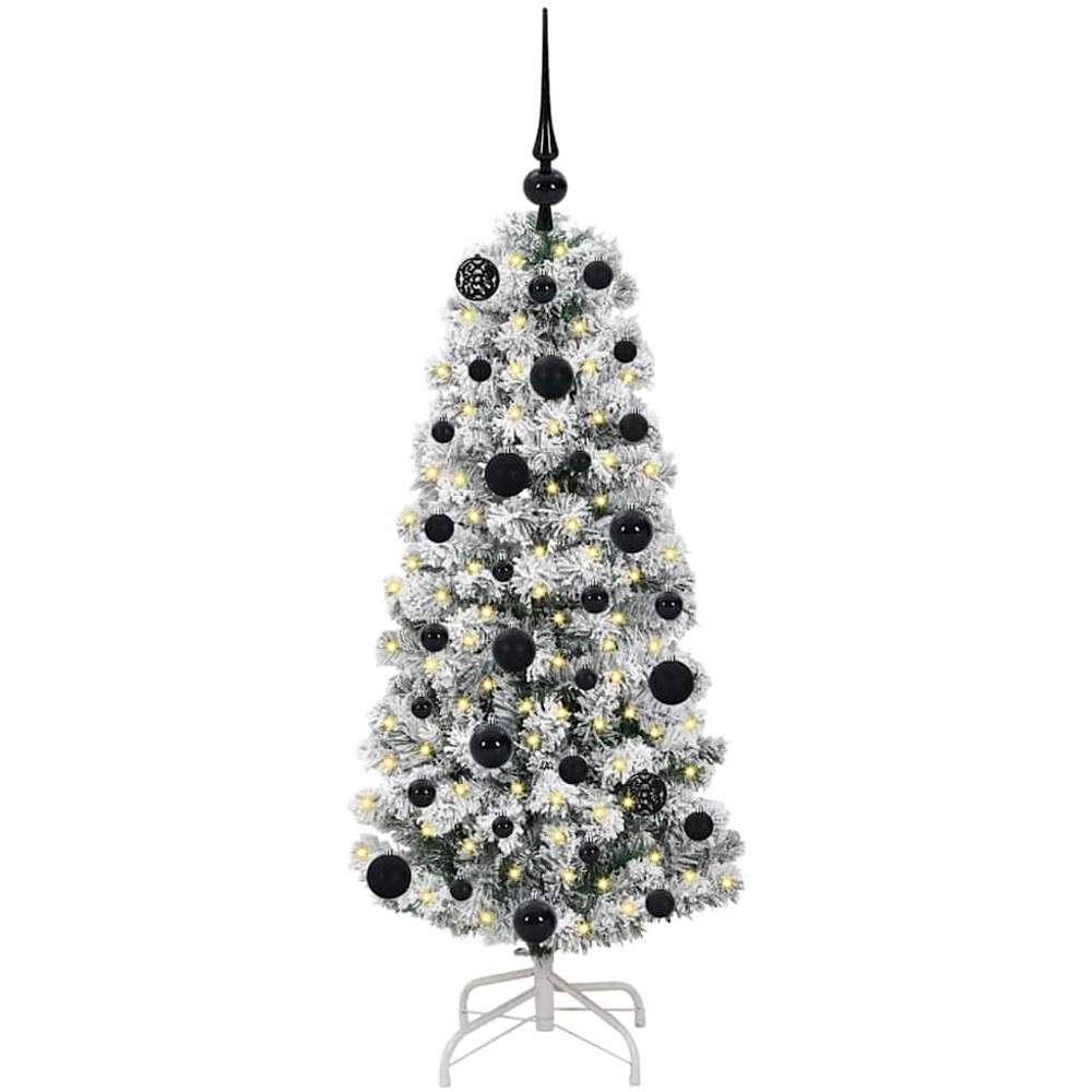 vidaXL Pre-Lit Warm White LED and Black Baubles Snow Flocked Artificial Christmas Tree 4ft Image 1