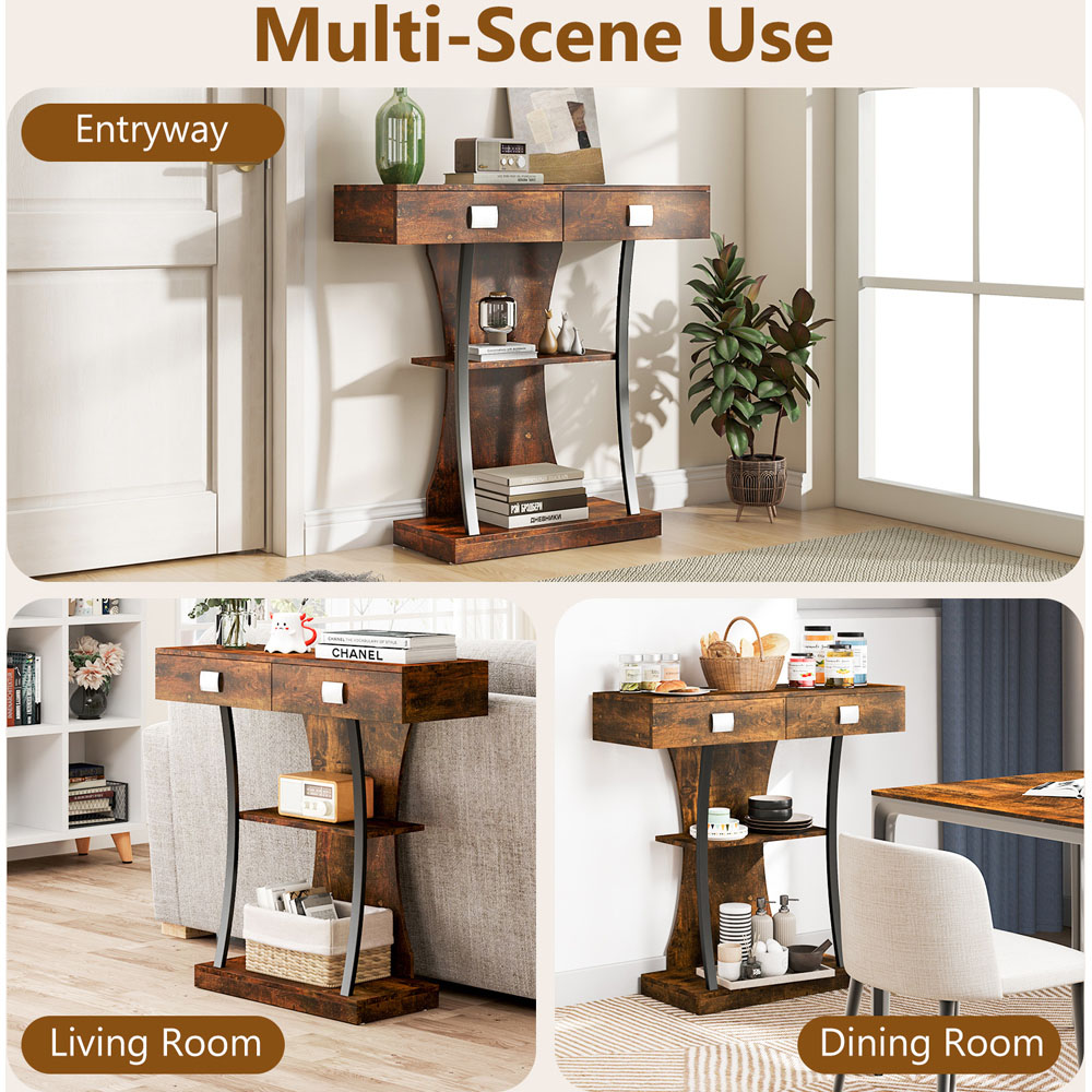 Costway Rustic Brown T Shape Console Table Image 5