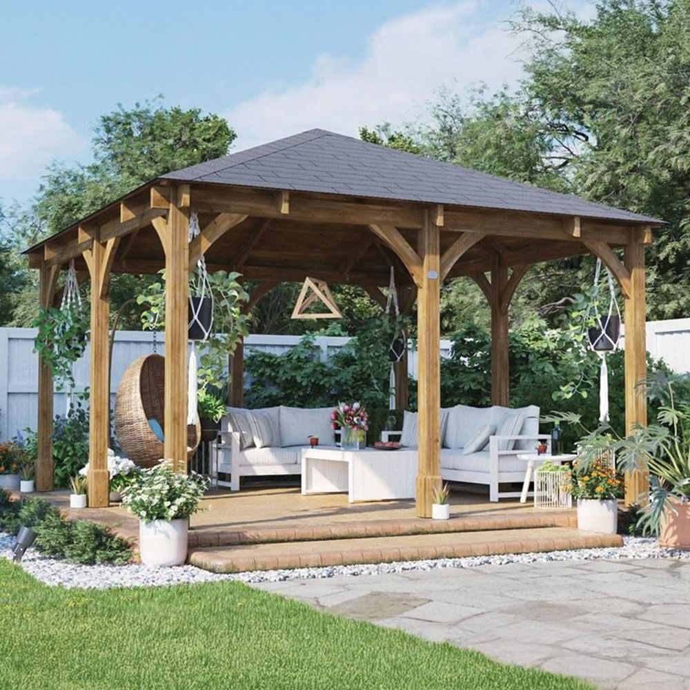 Dunster House Leviathan 4 x 4m Brown Wooden Garden Gazebo with Heavy Duty Roof Shingles Image 1