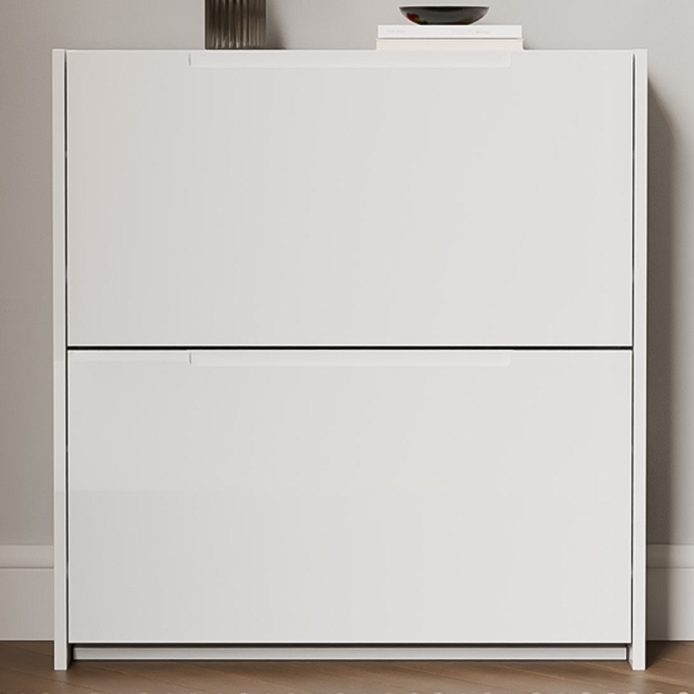 GFW 2 Tier White High Gloss Narrow Shoe Cabinet Image 1