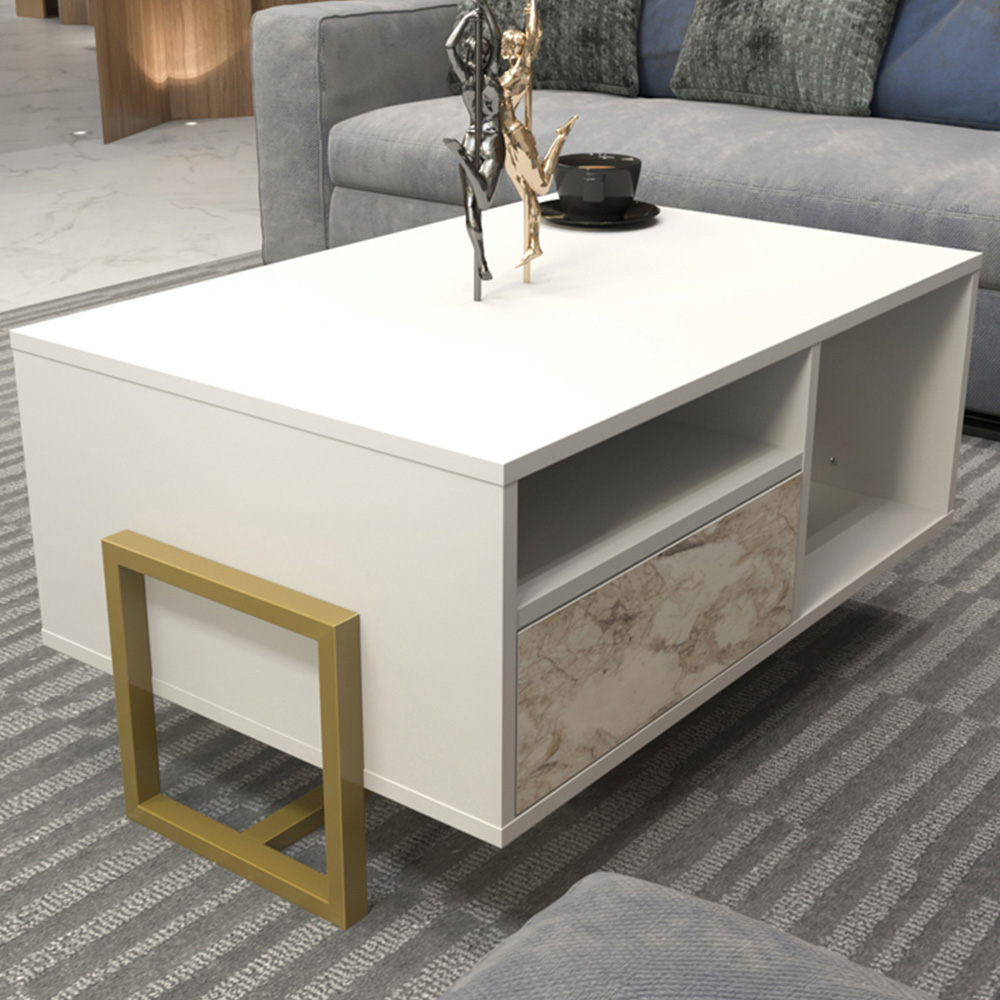 Decorotika Utopie 2 Door 2 Shelf White and White Marble Effect Modern Coffee Table Image 1