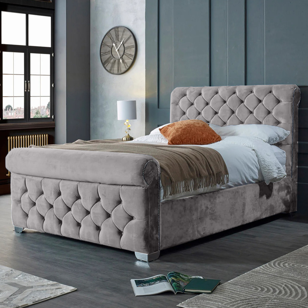 Eleganza Home Veneta Double Silver Plush Velvet Bed Frame with Chesterfield Headboard Image 1