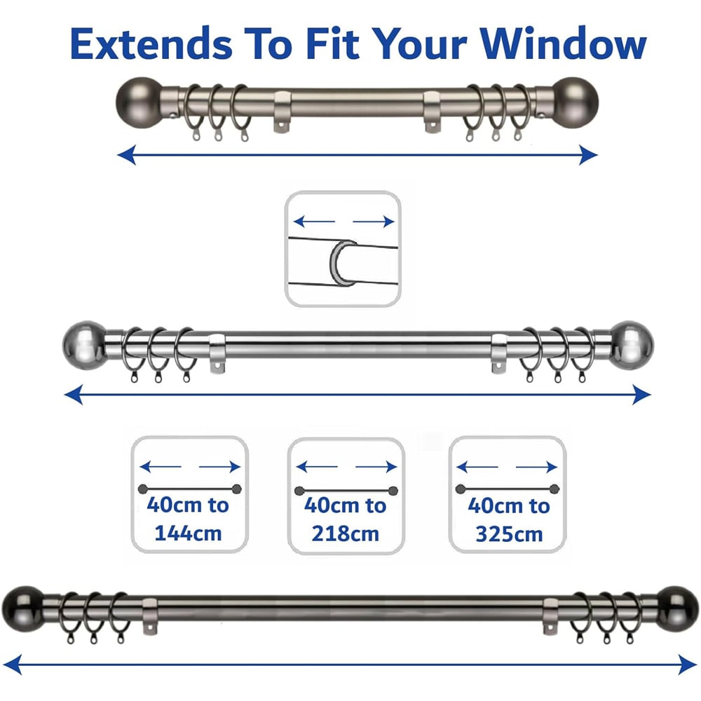 Home Treats 40 to 325cm Extendable Chrome Metal Round Curtain Pole Image 9