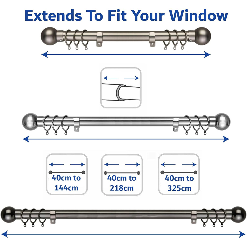 Home Treats 40 to 325cm Extendable Satin Nickel Metal Round Curtain Pole Image 9
