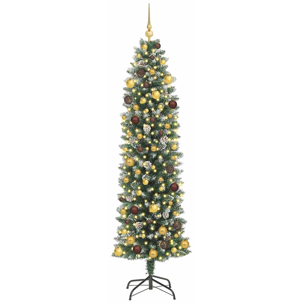 vidaXL Pre-Lit Gold and Bronze Baubles Green and White Artificial Slim Christmas Tree 7ft Image 1