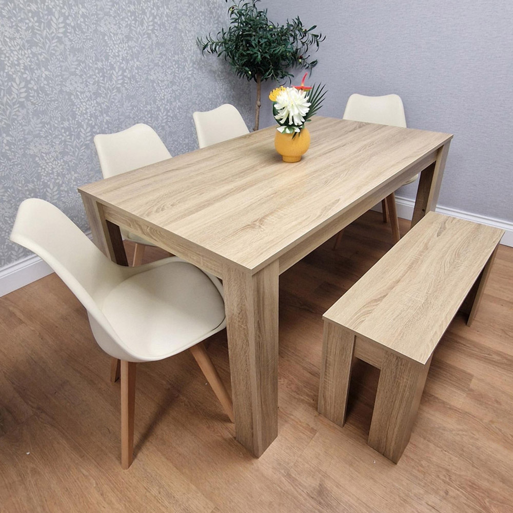 Kosy Koala Tulip 6 Seater Faux Leather Dining Set with Bench Oak Effect and Cream Image 1