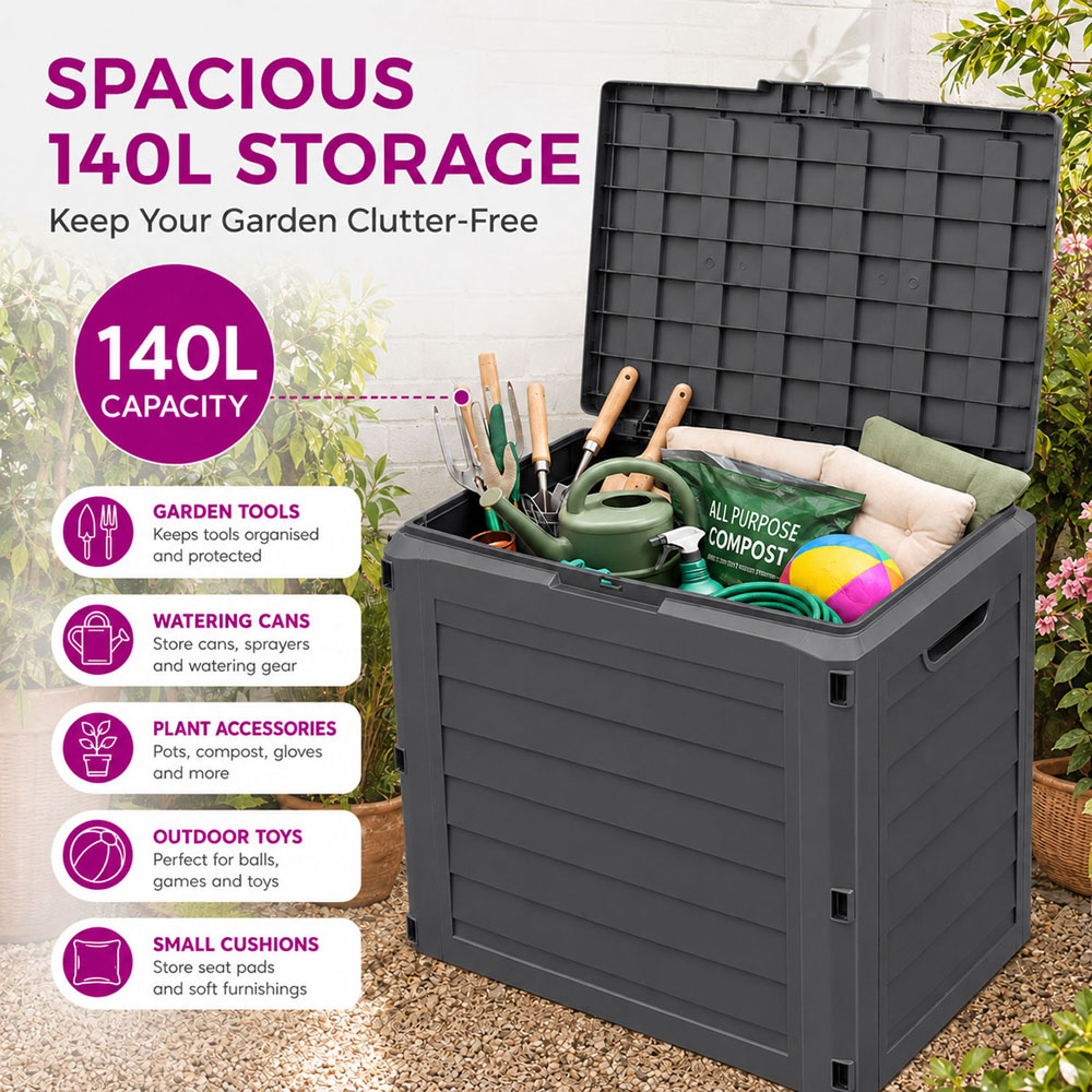 Neo 140L Dark Grey Wood-Effect Lockable Weather-Resistant Garden Storage Box Image 6