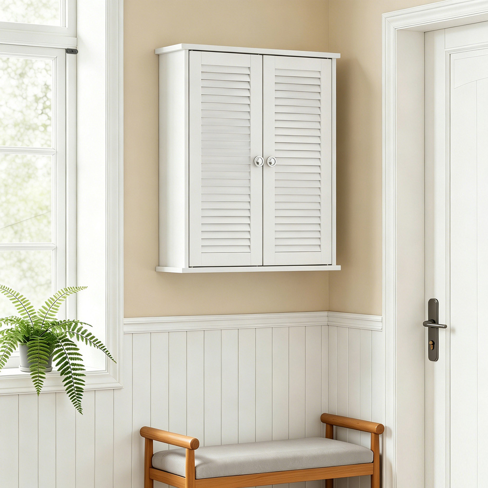 HOMCOM 2 Louvered Door White Wall-Mounted Bathroom Cabinet Image 3
