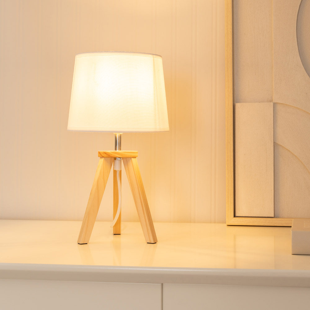 ValueLights Jackson White Shade Natural Wood Tripod LED Table Lamp Image 2