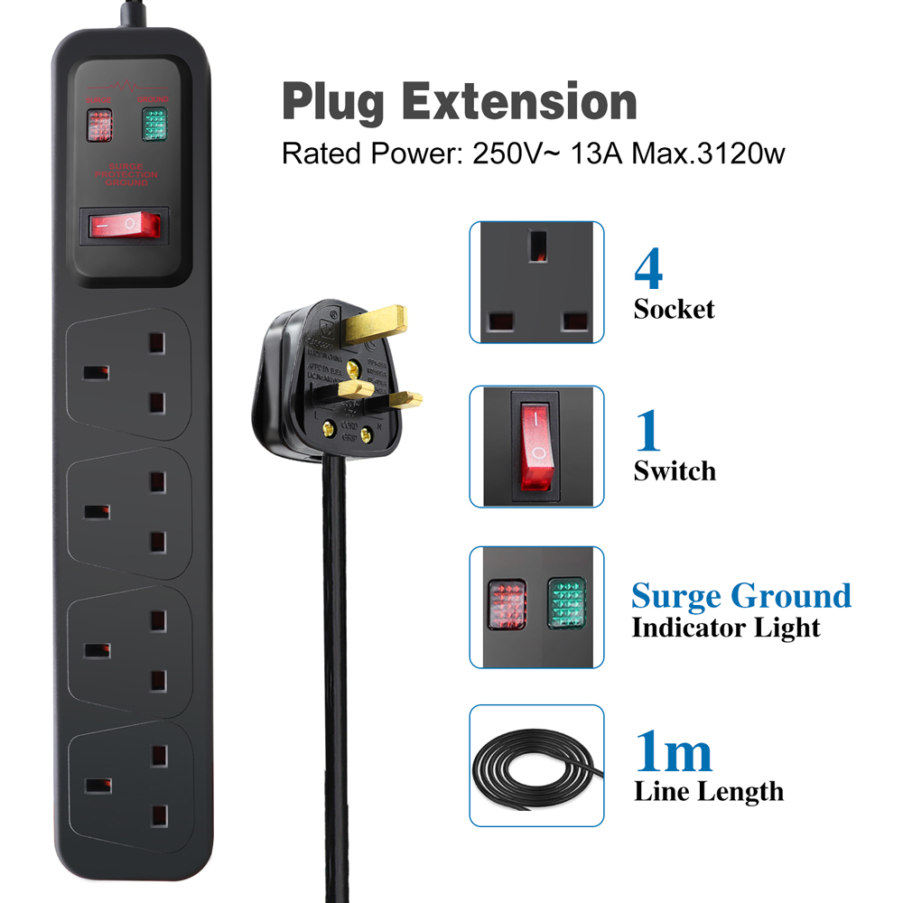 ExtraStar 4 Gang 13A Black Switched Surge Protected Extension Lead 1m Image 2