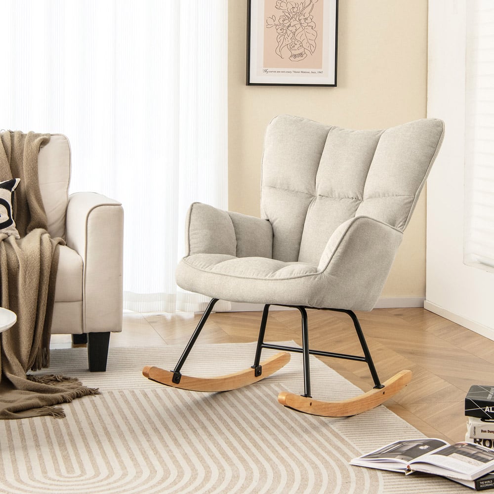 Costway Beige Linen High Backrest Nursery Rocking Chair Image 3