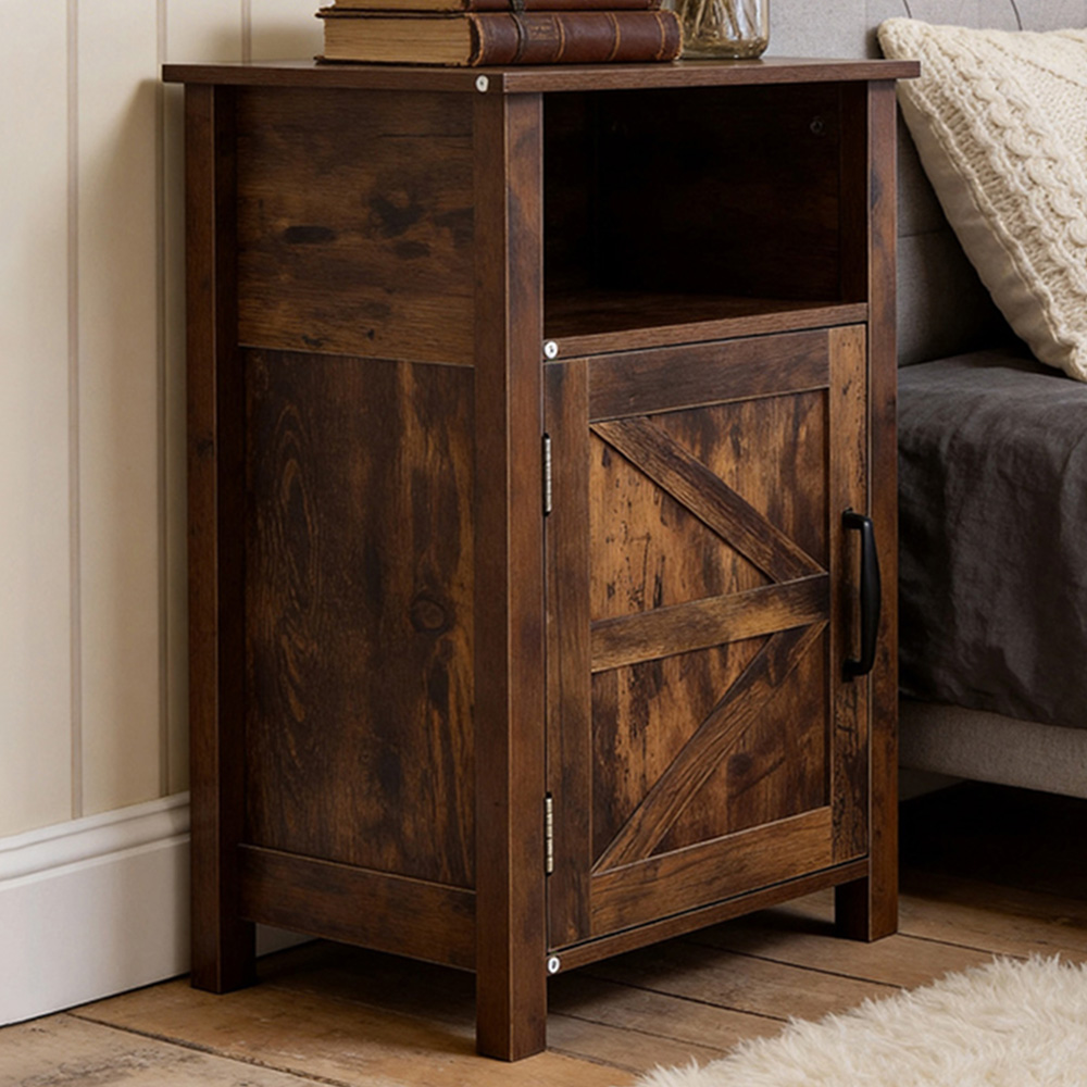 Living and Home Single Door Single Shelf Brown Bedside Table Image 1