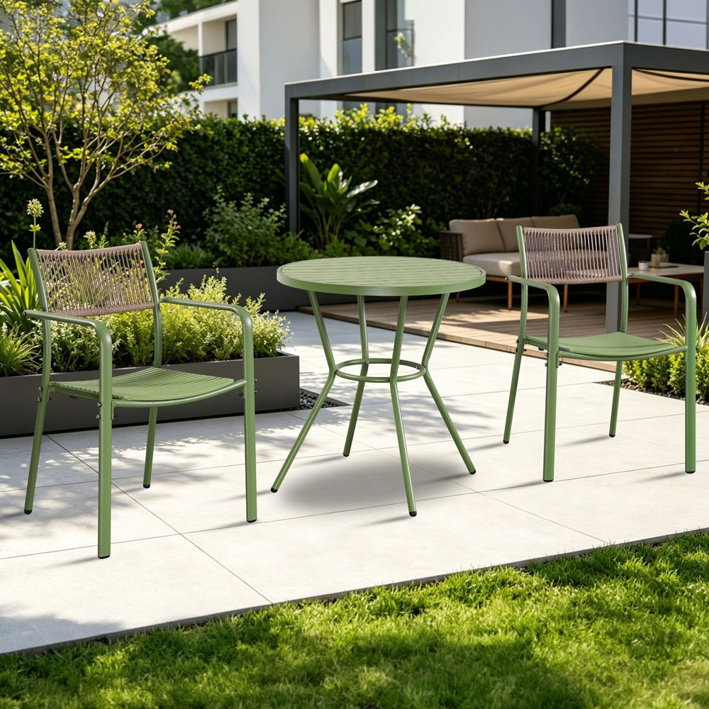 Core Products 2 Seater Moss Green Rope Back Effect Round Plastic Table Garden Bistro Set Image 1