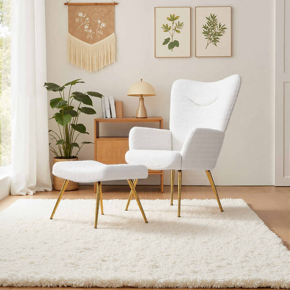 Living and Home White Sherpa Fleece Accent Chair with Footstool Image 8