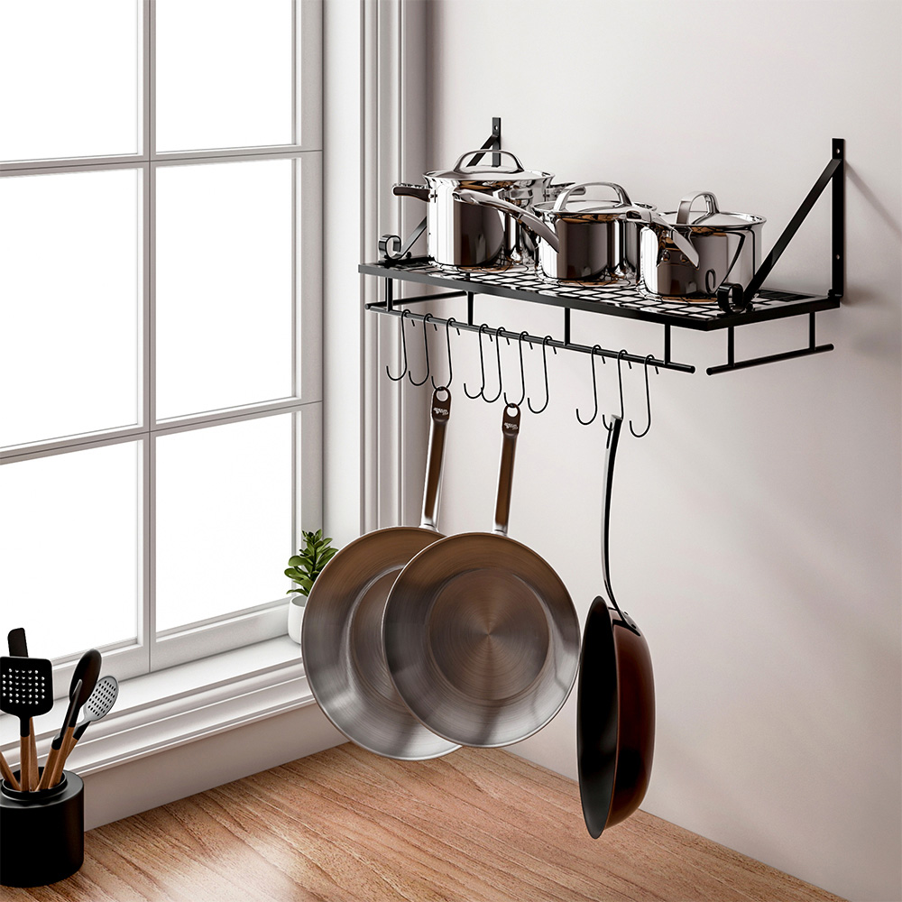 Living And Home WH0664 Black Metal Wall Hanging Kitchen Pot Rack Image 2