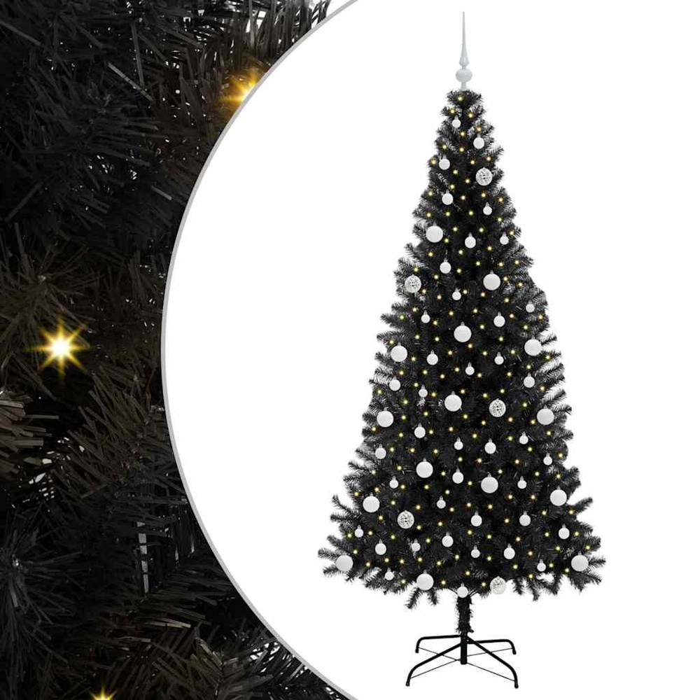vidaXL Pre-Lit White Baubles Black Artificial Christmas Tree 7ft Image 2