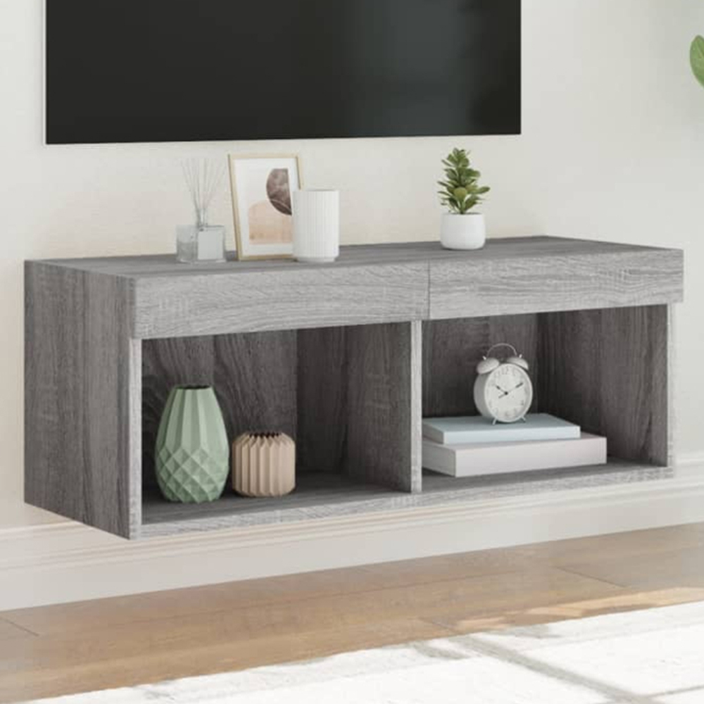 vidaXL 2 Shelf Grey Sonoma Wall Mounted TV Cabinet with RGB LED Lights Image 1