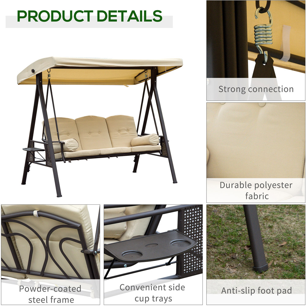Outsunny 3 Seater Beige Steel Swing with Canopy Image 6